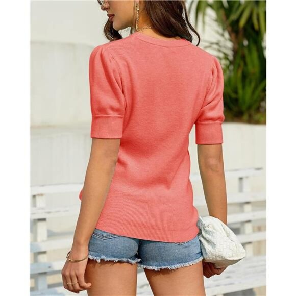 Womens Puff Short Sleeve Sweater Crew Neck Pullover Tops Ribbed Knit Sweater - Picture 2 of 3